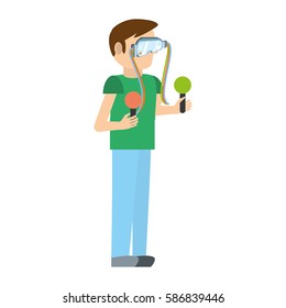 man wearing vr goggles with control vector illustration eps 10