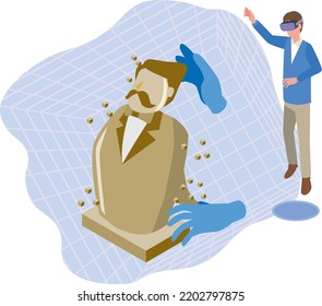 A man wearing vr goggles to create a digital sculpture