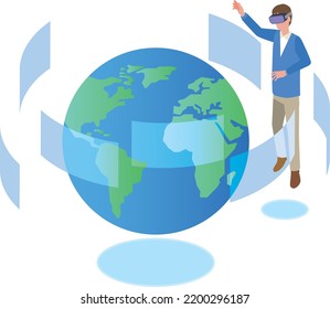 A man wearing vr goggles and the earth