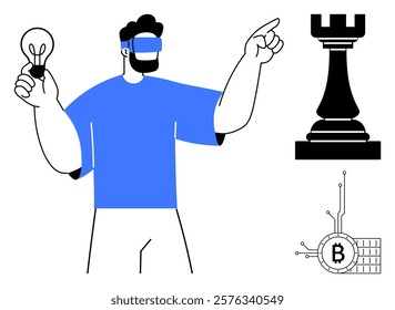 A man wearing VR goggles holds a lightbulb while pointing at a chess rook and a Bitcoin symbol, representing future vision, strategic thinking, innovation, technology, and blockchain. Ideal for