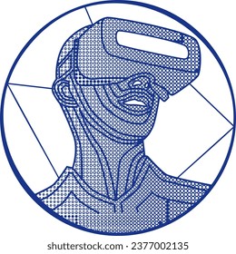 Man wearing VR goggles. Virtual reality logo made with dotted pattern. 