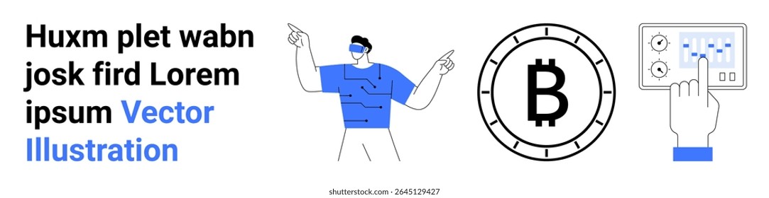 Homem usando fone de ouvido VR, símbolo Bitcoin dentro de uma moeda, e mão interagindo com uma tela sensível ao toque. Ideal para VR, criptomoeda, tecnologia, finanças, experiências digitais, interação com o usuário, inovação