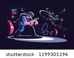 Man wearing VR headset controlling flying drone. Pilot in virtual reality glasses launching quadcopter. Flat. Vector illustration.