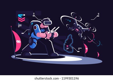 Man wearing VR headset controlling flying drone. Pilot in virtual reality glasses launching quadcopter. Flat. Vector illustration.