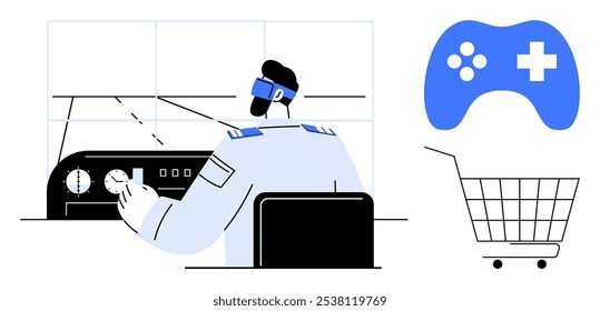 Homem vestindo VR headset controlando máquina com controlador de jogo e ícones de carrinho de compras. Ideal para jogos, realidade virtual, tecnologia, compras on-line e automação. Estilo moderno e minimalista