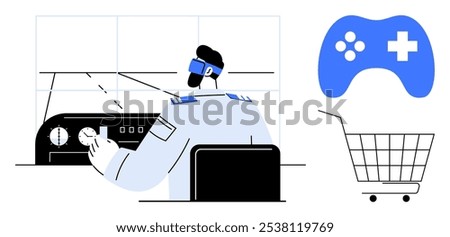 Man wearing VR headset controlling machine with game controller and shopping cart icons. Ideal for gaming, virtual reality, technology, online shopping, and automation. Modern and minimalist style