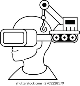 Ein Mann, der ein VR-Headset mit einem Kran auf dem Kopf trägt. Der Kran ist an einer großen Maschine befestigt