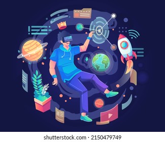 A man wearing a VR headset floating in cyberspace. Simulation of the virtual digital world for entertainment and visual experience in the metaverse. Flat vector illustration