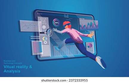 A man wearing a VR headset floating in cyberspace. Simulation of the virtual digital world for business with entertainment and visual experience in the metaverse. Flat vector illustration