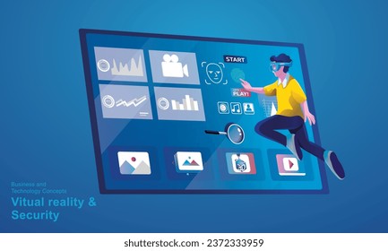 A man wearing a VR headset floating in cyberspace. Simulation of the virtual digital world for business with entertainment and visual experience in the metaverse. Flat vector illustration