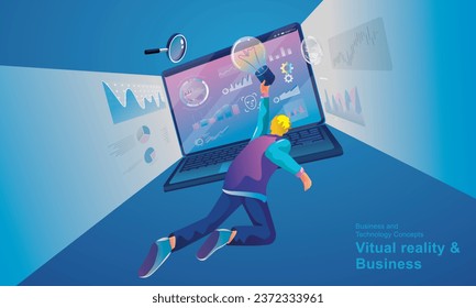 A man wearing a VR headset floating in cyberspace. Simulation of the virtual digital world for business with entertainment and visual experience in the metaverse. Flat vector illustration