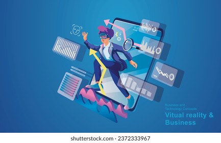 A man wearing a VR headset floating in cyberspace. Simulation of the virtual digital world for business with entertainment and visual experience in the metaverse. Flat vector illustration