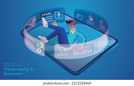 A man wearing a VR headset floating in cyberspace. Simulation of the virtual digital world for business with entertainment and visual experience in the metaverse. Flat vector illustration