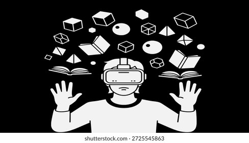Man wearing VR headset with floating geometric shapes and open books