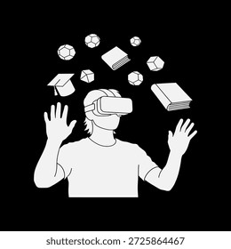 Homem usando fone de ouvido VR com ícones de educação flutuante