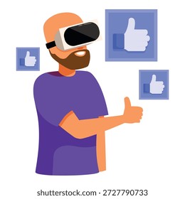 Hombre con auriculares vr dando pulgares para arriba rodeado de iconos similares, disfrutando de la experiencia de la realidad virtual