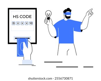 Man wearing VR headset holding a lightbulb. A hand inserting money into a machine displaying HS Code. Ideal for innovation technology virtual reality finance HS codes and futuristic concepts