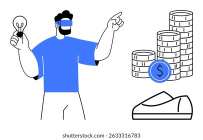 Man wearing VR headset holding light bulb, pointing upward next to stacks of coins and a wallet. Ideal for technology, innovation, finance, investment, startups, virtual reality, creative thinking