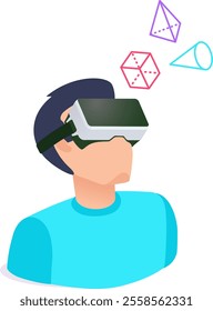 Man wearing vr headset is immersed in a virtual environment, exploring and interacting with colorful 3d geometric shapes, experiencing the immersive power of virtual reality technology