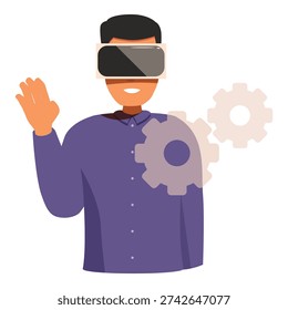 Man wearing vr headset and interacting with gears, symbolizing software development in virtual reality environment