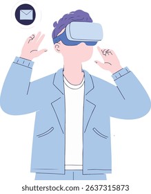 A man wearing a VR headset interacts with a virtual environment, indicated by an email notification icon. Modern technology and communication.

