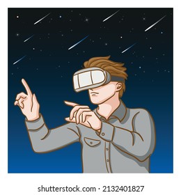 A man wearing VR headset, on a night sky background meaning metaverse 