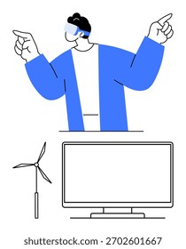 Homem usando fone de ouvido VR apontando para cima, vestido com jaqueta azul. Tela grande e turbina eólica abaixo. Ideal para realidade virtual, tecnologia, meio ambiente, educação, apresentações, tecnologia futura
