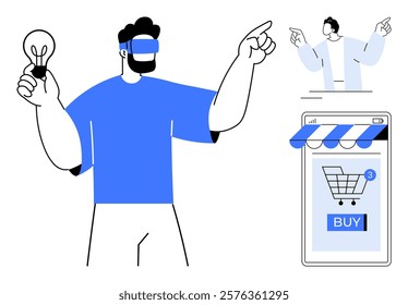 Man wearing VR headset points forward while holding a light bulb. He stands next to a smartphone displaying an online shopping cart. Ideal for technology advancements, e-commerce innovation, VR