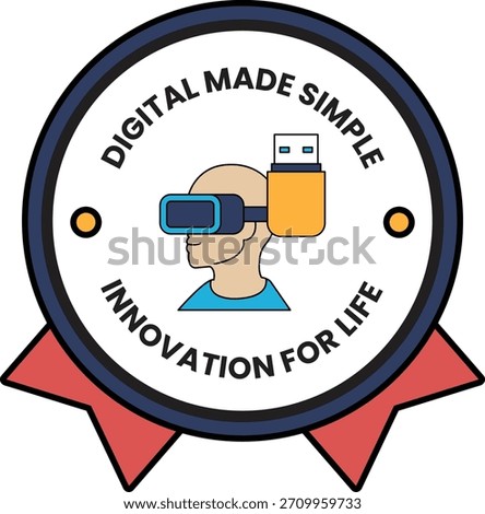 A man wearing a VR headset is shown on a badge. The badge is blue and red and says 