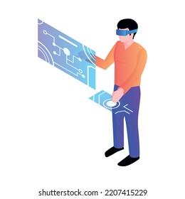 Man wearing vr headset touching virtual interface 3d isometric icon vector illustration