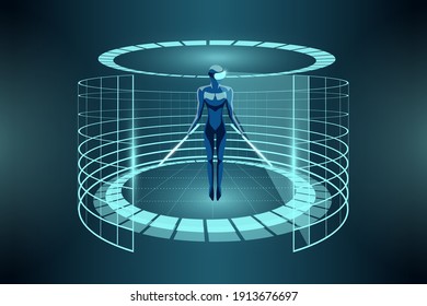 Homme portant un casque vr et utilisant des épées légères dans le futur hologramme de la réalité virtuelle. Cercle cyberspace game portal. Téléporter un piédestal numérique. Illustration vectorielle du podium de la plateforme Cylindre