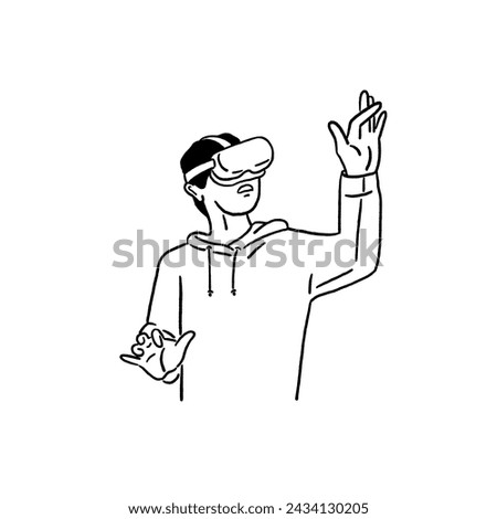 Man wearing VR headset Visual Technology activity Young man in action Hand drawn line art Illustration