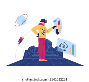 Man wearing VR headset working or learning in metaverse flat vector illustration. Modern technologies for business and studies concept.