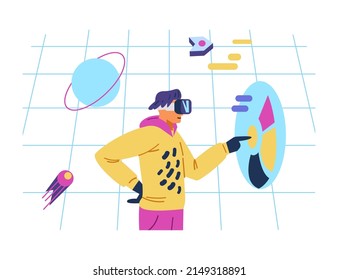 Man wearing VR headset working or learning in metaverse flat vector illustration. Modern technologies for business and studies concept.