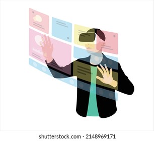 Man wearing VR Virtual Reality glasses, hands up, touching the screen, doing data analysis, Future technology concept.