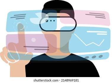 Man wearing VR Virtual Reality glasses, hands up, touching the screen, doing data analysis, Future technology concept.