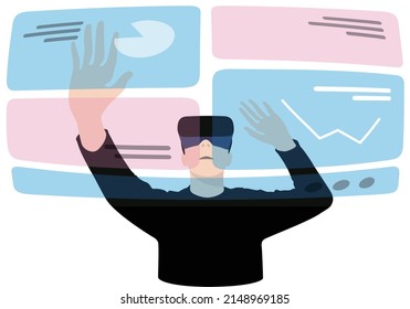 Man wearing VR Virtual Reality glasses, hands up, touching the screen, doing data analysis, Future technology concept.