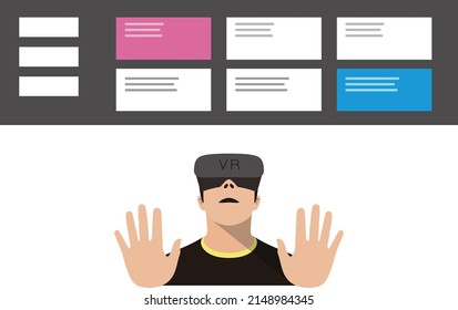 Man wearing VR Virtual Reality glasses, hands up, touching the screen, doing data analysis, Future technology concept.