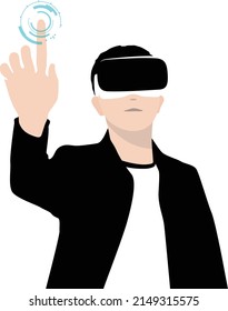 Hombre con gafas VR Virtual Reality, manos arriba, tocando la pantalla, haciendo análisis de datos, concepto de tecnología futura.