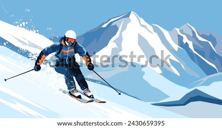 Man wearing warm blue sport suit and goggles skiing downhill. Picturesque landscape view. Snowy mountain in the background. Winter resort ski outdoor activity. Healthy lifestyle. Vector illustration