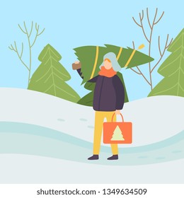 Man Wearing Warm Clothes Carrying Christmas Tree On His Shoulder in Winter Landcape Vector Illustration