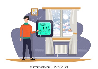 Man wearing warm clothes reducing room temperature on the heater, air conditioner, climate control. Warm at home. Freezing at home. Economy of energy. Flat vector illustration.