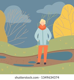 Man Wearing Warm Clothes Standing on Autumn Season Background Vector Illustration