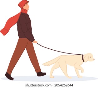 Man Wearing Warm Coat Walks Labrador Retriever Dog On Leash. Pet Walking Service. Teenager Spend Time At Autumn Park. Flat Vector Illustration. Street Style Fashion Person, Clothes, Fall Outerwear.