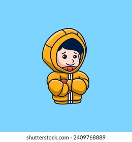 Man wearing warm felt jacket, winter snow cartoon