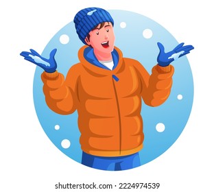 a man wearing a warm jacket enjoying the falling snow in winter