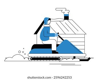 Man wearing warm jacket riding snowmobile, transportation during winter season. Design character. Vector flat illustration
