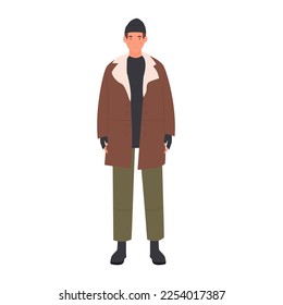 Man wearing warm outfit. Winter fashion clothes, hat and heavy jacket vector illustration