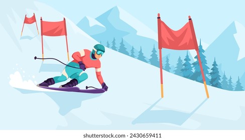 Man wearing warm sport suit and goggles skiing downhill with red flag obstacles. Picturesque landscape view. Mountain and forest in the background. Winter resort outdoor activity. Vector illustration