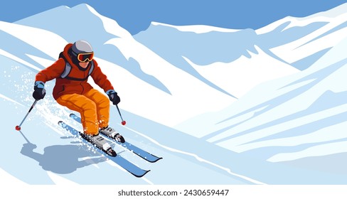 Man wearing warm sport suit and goggles skiing downhill. Picturesque landscape view. Snowy mountain in the background. Winter resort ski outdoor activity. Healthy lifestyle. Vector illustration